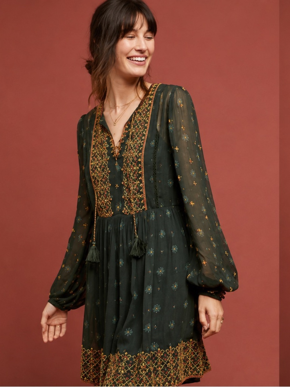 Anthropologie Akemi + Kin Amina Mini Dress Size Large Sheer Boho Embroidered